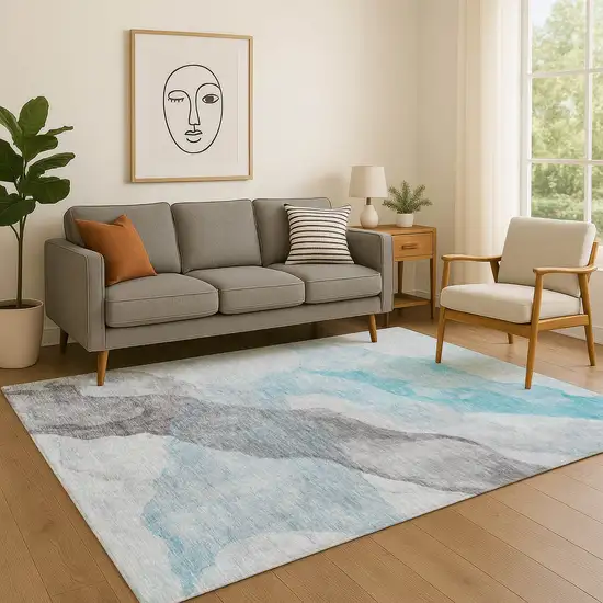 Teal And Gray Abstract Washable Area Rug With UV Protection Photo 5