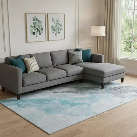 Teal And Gray Abstract Washable Area Rug With UV Protection Photo 2