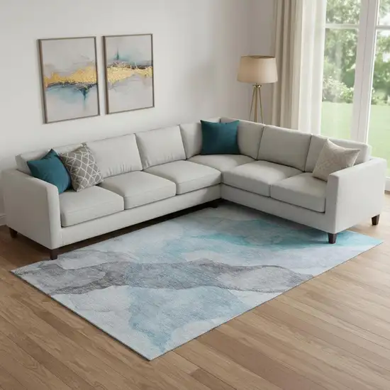 Teal And Gray Abstract Washable Area Rug With UV Protection Photo 2