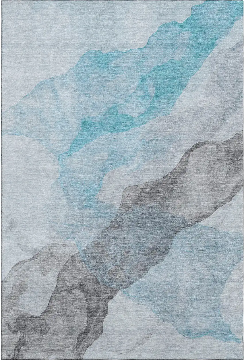 Teal And Gray Abstract Washable Area Rug With UV Protection Photo 1