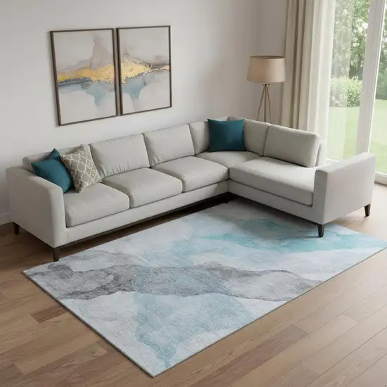 Teal And Gray Abstract Washable Area Rug With UV Protection Photo 2