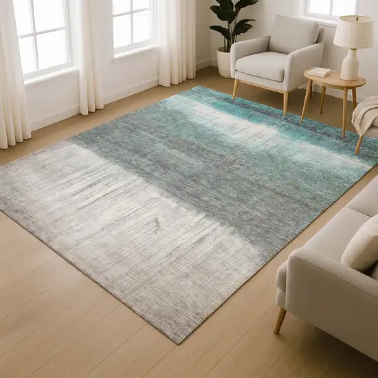 Teal And Gray Abstract Washable Area Rug With UV Protection Photo 2