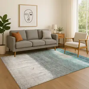 Photo of Teal And Gray Abstract Washable Area Rug With UV Protection