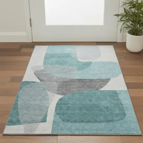 Teal And Gray Abstract Washable Area Rug With UV Protection Photo 2