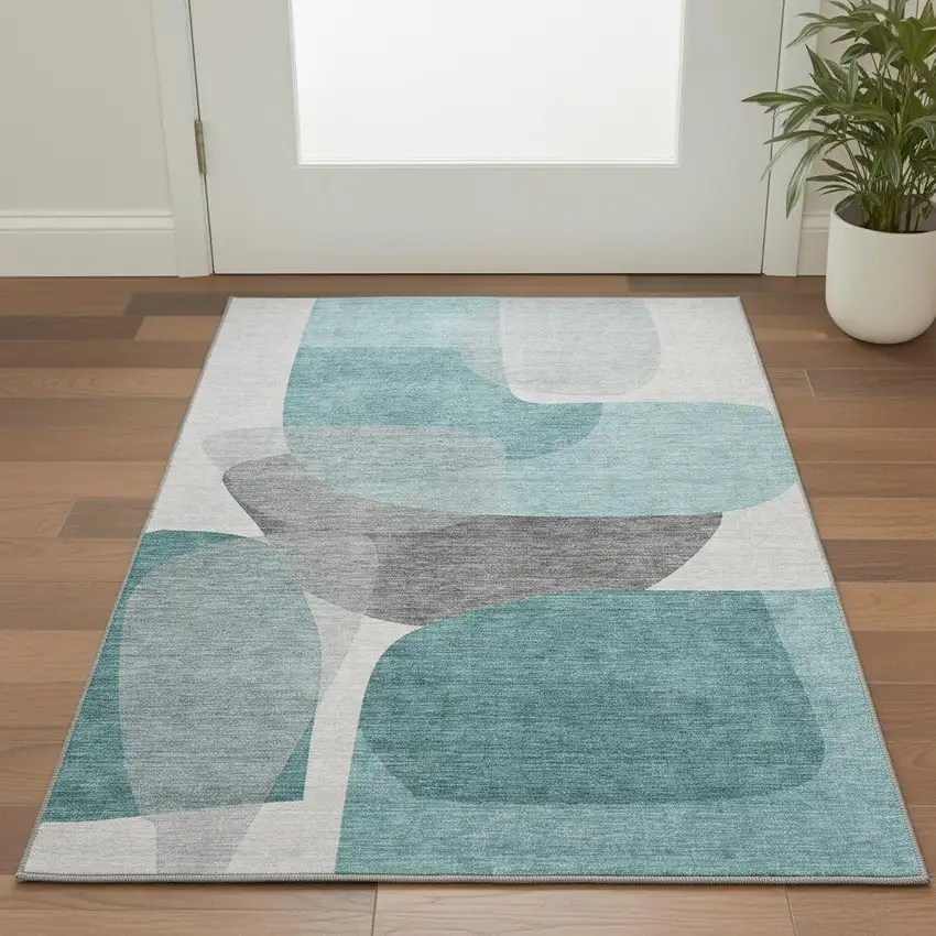 Teal And Gray Abstract Washable Area Rug With UV Protection Photo 2