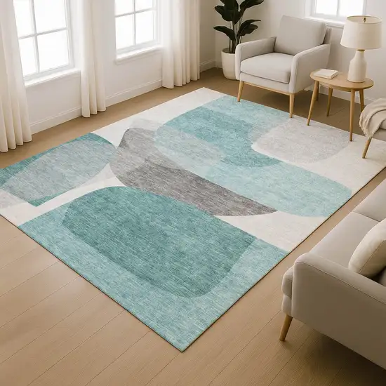 Teal And Gray Abstract Washable Area Rug With UV Protection Photo 6