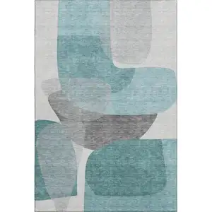 Photo of Teal And Gray Abstract Washable Area Rug With UV Protection