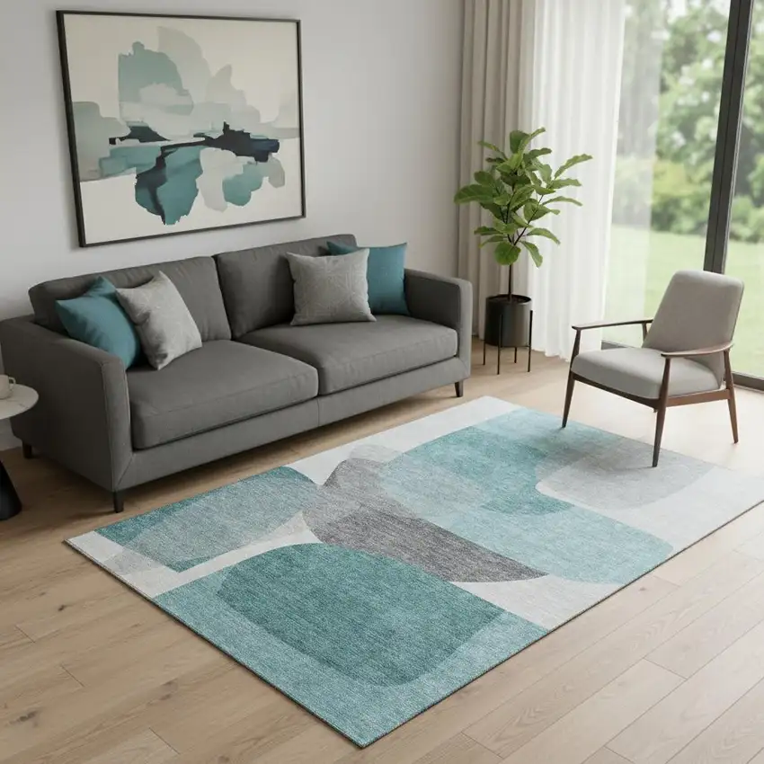 Teal And Gray Abstract Washable Area Rug With UV Protection Photo 2