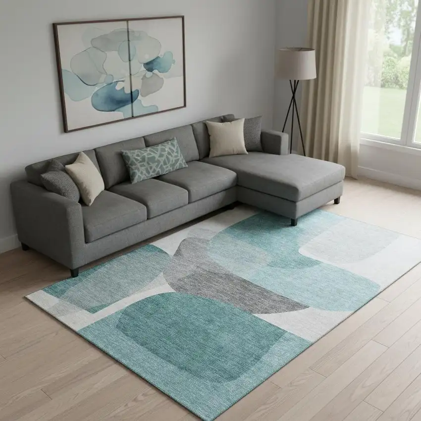 Teal And Gray Abstract Washable Area Rug With UV Protection Photo 2