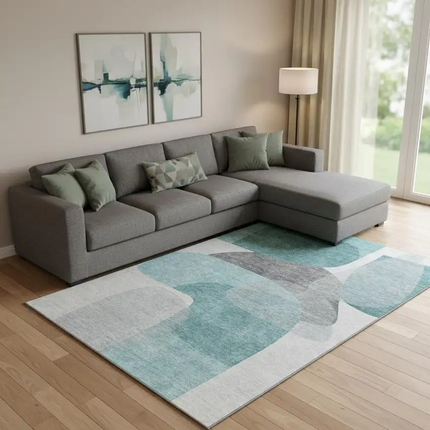 Teal And Gray Abstract Washable Area Rug With UV Protection Photo 2