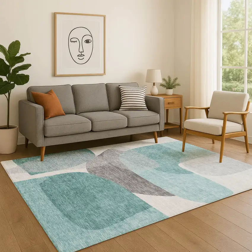 Teal And Gray Abstract Washable Area Rug With UV Protection Photo 4