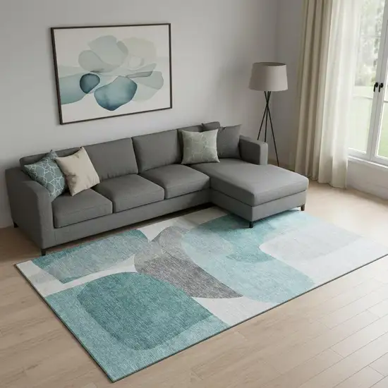 Teal And Gray Abstract Washable Area Rug With UV Protection Photo 2
