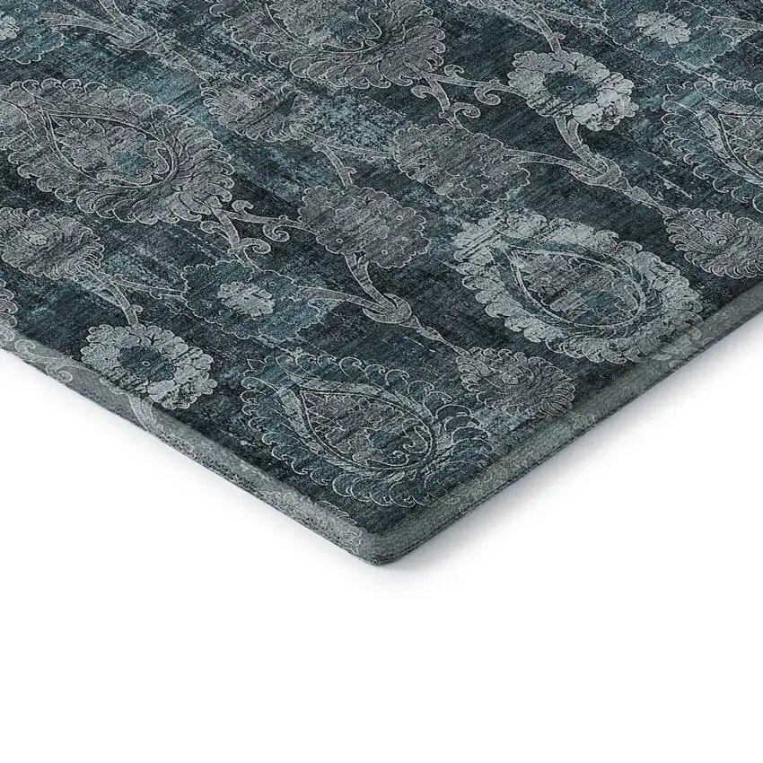 Teal And Gray Damask Washable Area Rug With UV Protection Photo 9