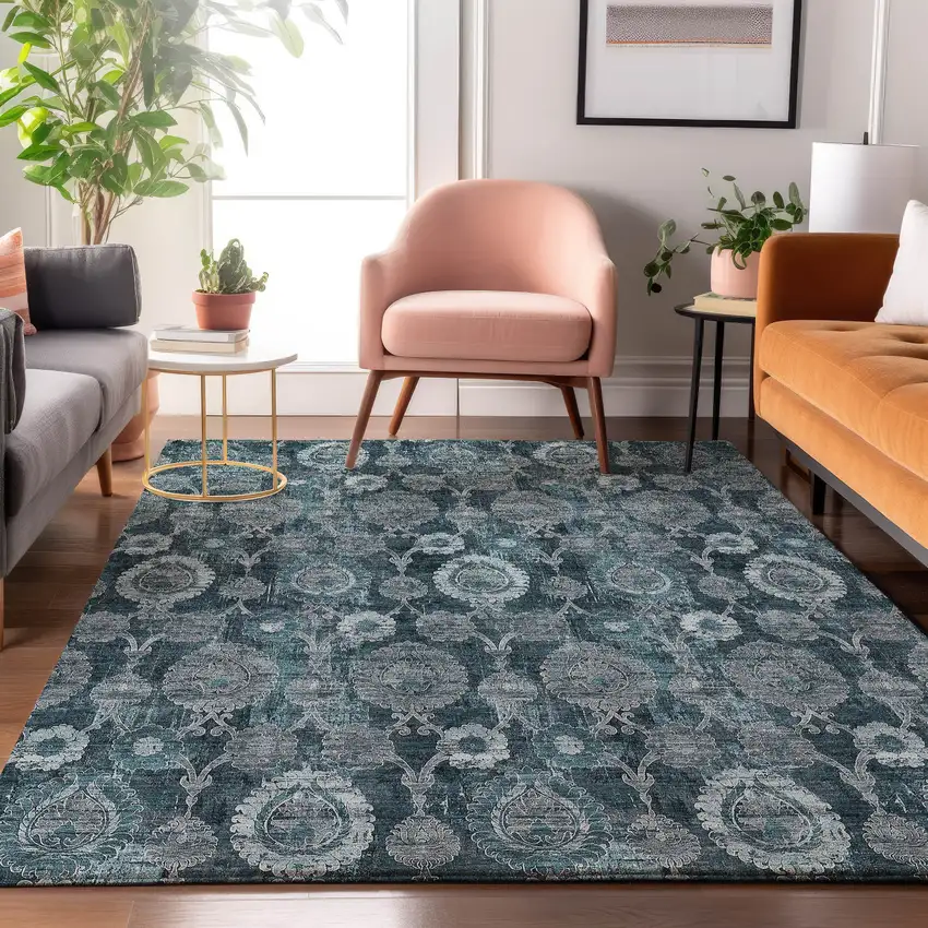 Teal And Gray Damask Washable Area Rug With UV Protection Photo 5