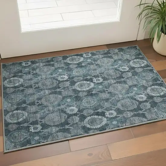 Teal And Gray Damask Washable Area Rug With UV Protection Photo 2