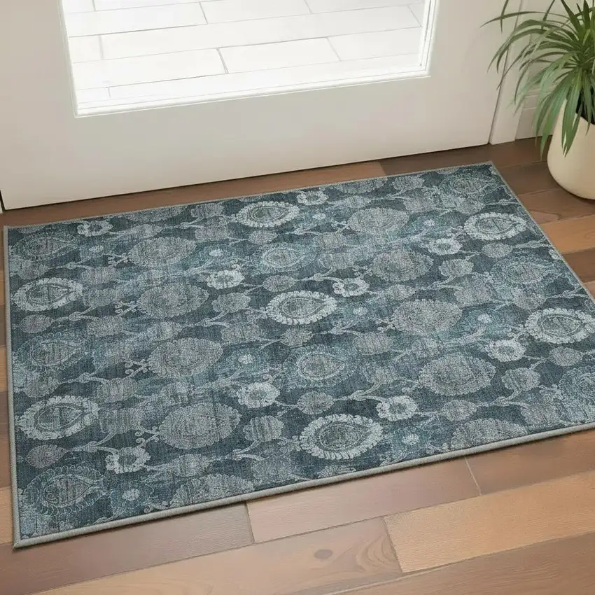 Teal And Gray Damask Washable Area Rug With UV Protection Photo 2