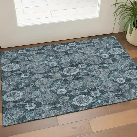 Teal And Gray Damask Washable Area Rug With UV Protection Photo 1