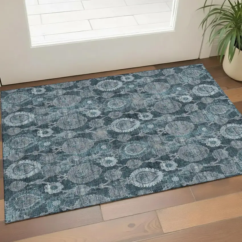 Teal And Gray Damask Washable Area Rug With UV Protection Photo 1