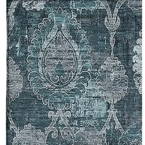 Teal And Gray Damask Washable Area Rug With UV Protection Photo 3