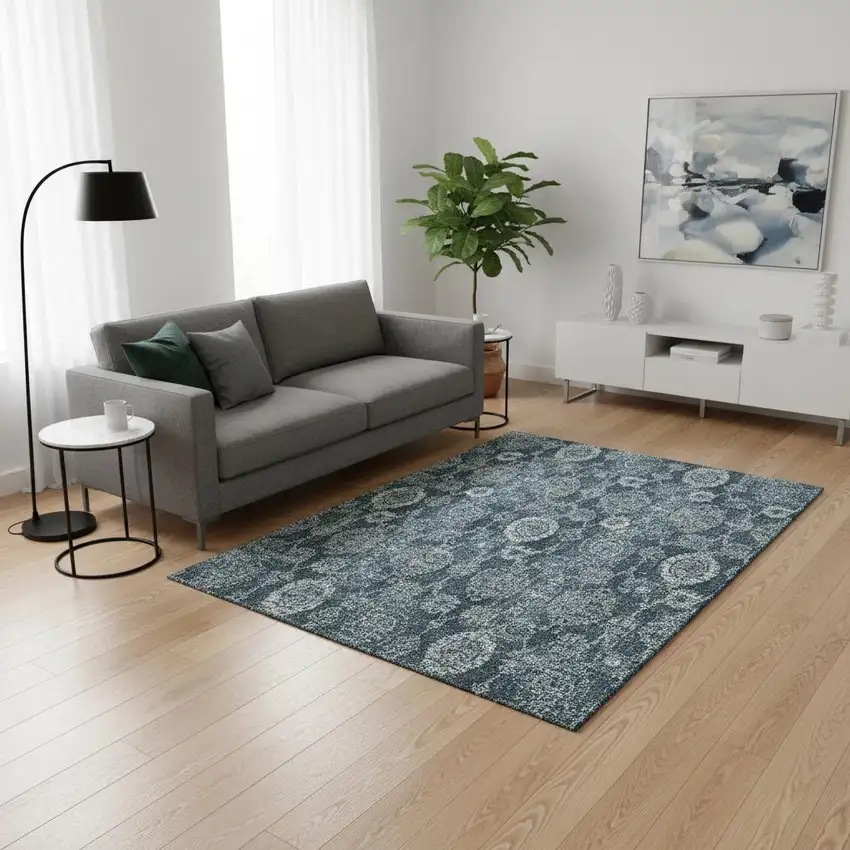 Teal And Gray Damask Washable Area Rug With UV Protection Photo 2