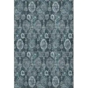 Photo of Teal And Gray Damask Washable Area Rug With UV Protection