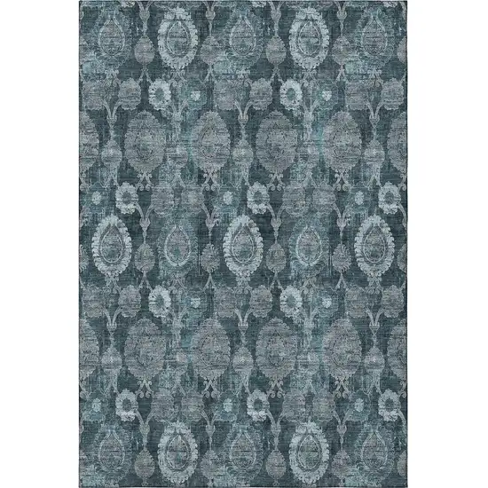 Teal And Gray Damask Washable Area Rug With UV Protection Photo 4