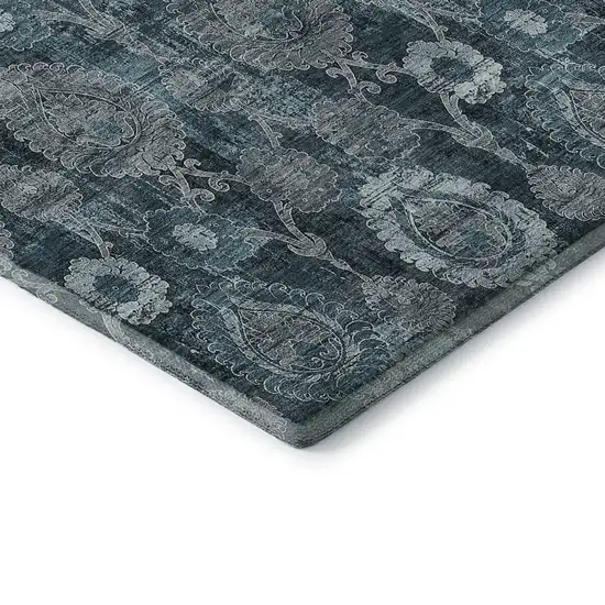 Teal And Gray Damask Washable Area Rug With UV Protection Photo 8