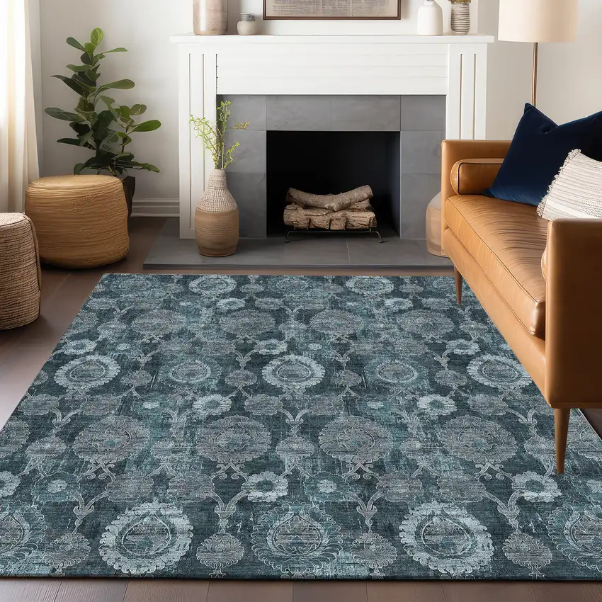Teal And Gray Damask Washable Area Rug With UV Protection Photo 6