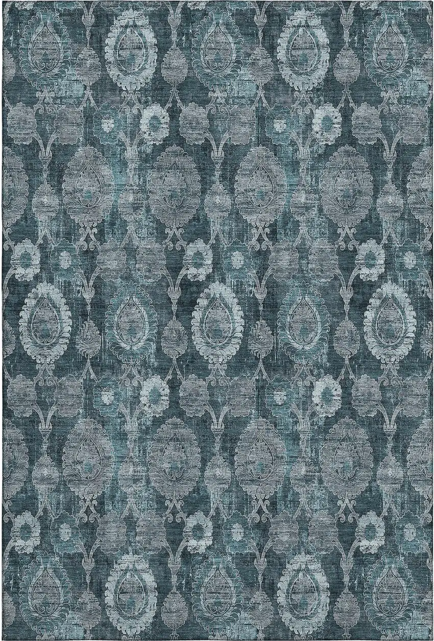 Teal And Gray Damask Washable Area Rug With UV Protection Photo 1