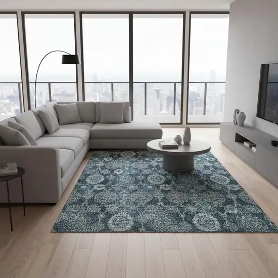 Teal And Gray Damask Washable Area Rug With UV Protection Photo 2