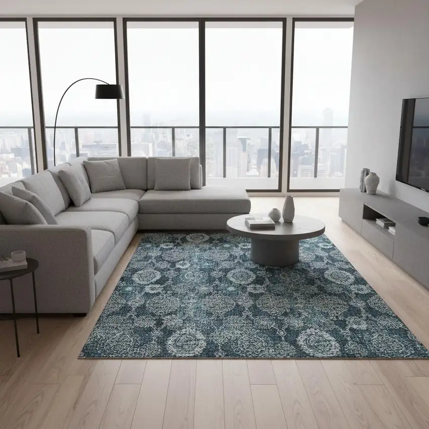 Teal And Gray Damask Washable Area Rug With UV Protection Photo 2