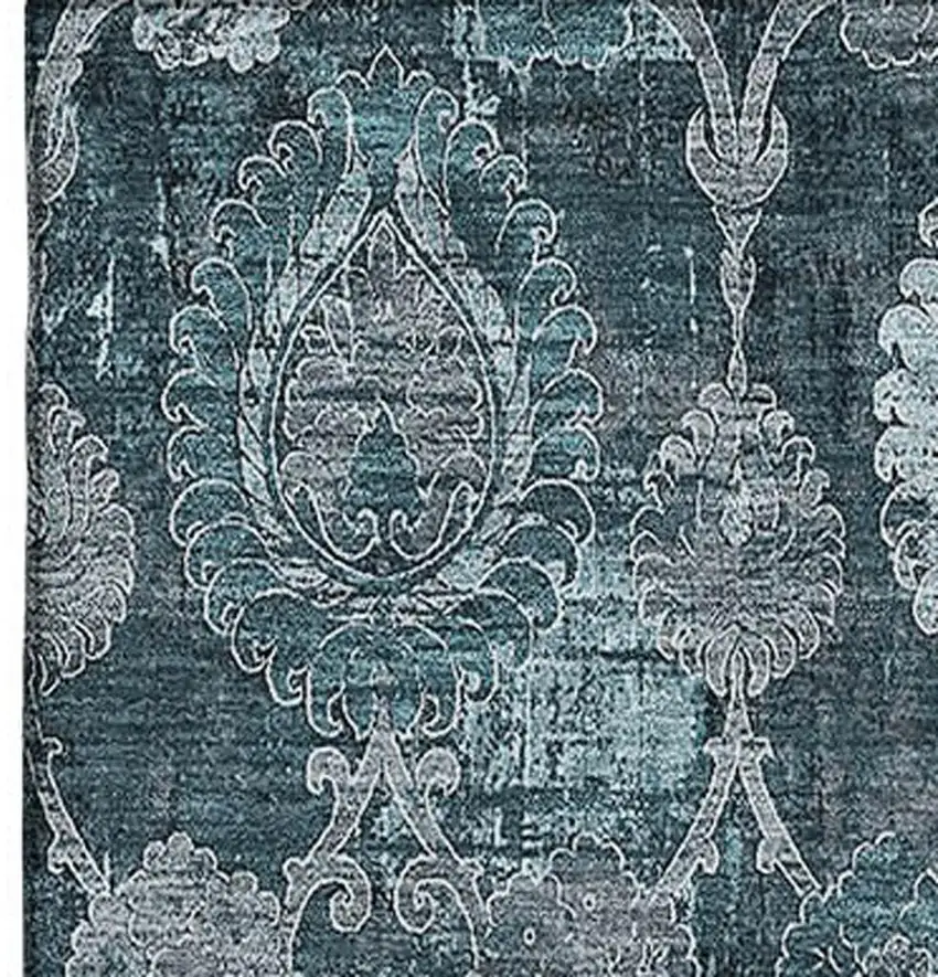 Teal And Gray Damask Washable Area Rug With UV Protection Photo 4