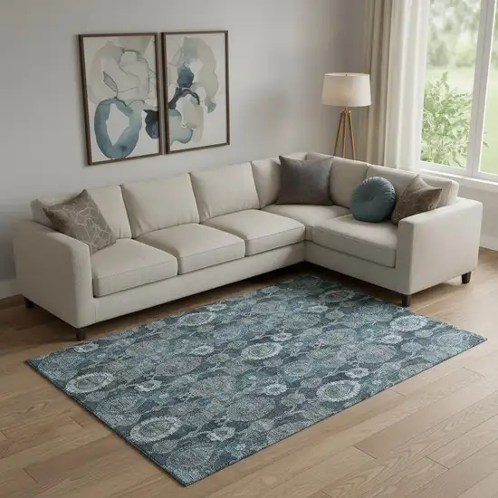 Teal And Gray Damask Washable Area Rug With UV Protection Photo 1