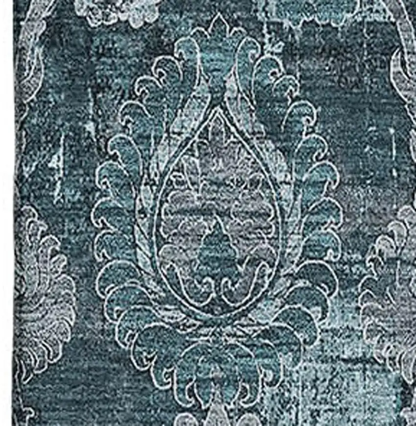 Teal And Gray Damask Washable Area Rug With UV Protection Photo 3