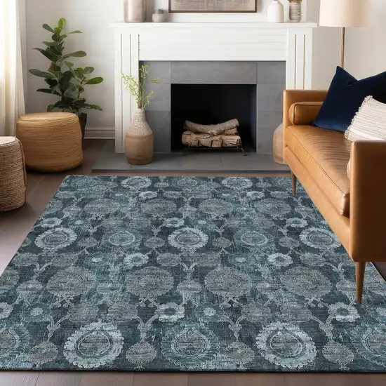 Teal And Gray Damask Washable Area Rug With UV Protection Photo 6