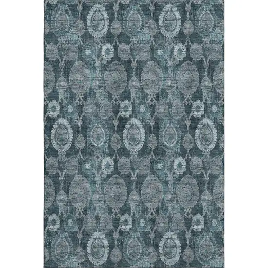 Teal And Gray Damask Washable Area Rug With UV Protection Photo 1