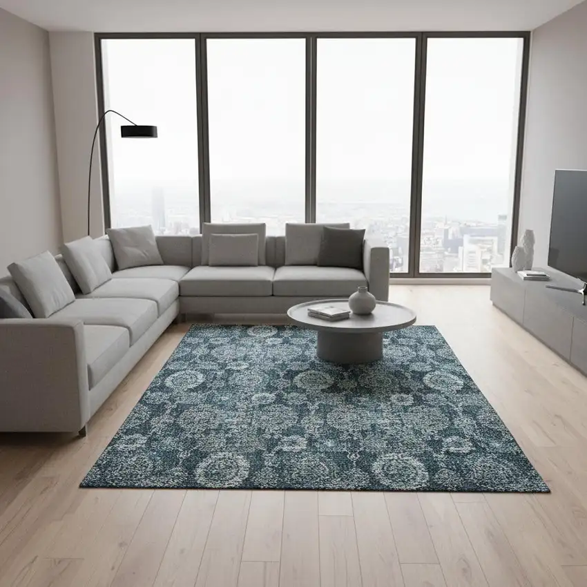 Teal And Gray Damask Washable Area Rug With UV Protection Photo 2