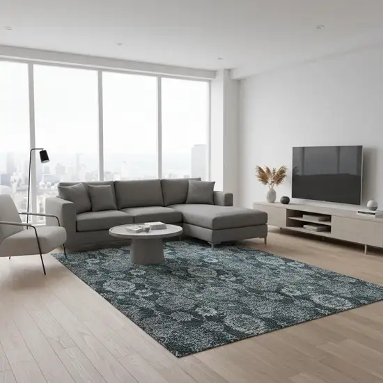 Teal And Gray Damask Washable Area Rug With UV Protection Photo 2