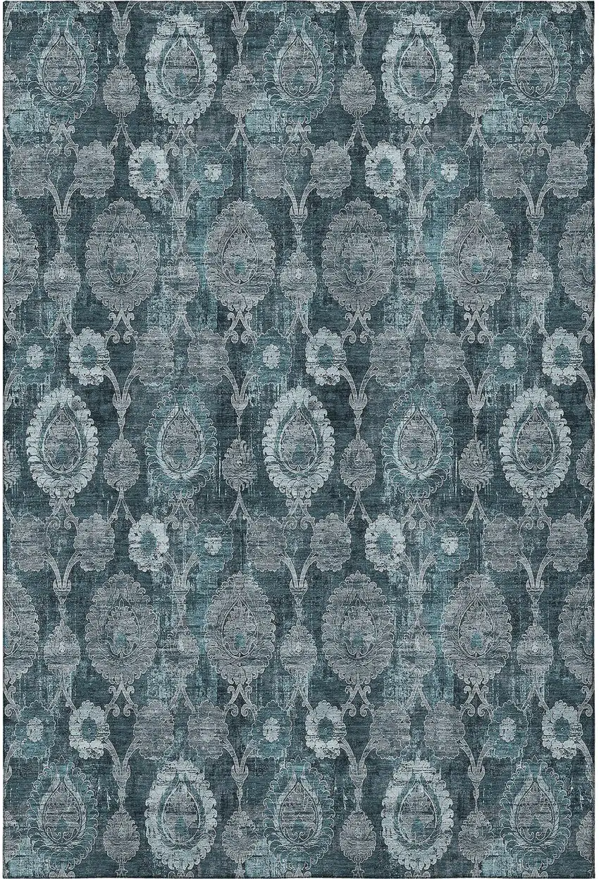 Teal And Gray Damask Washable Area Rug With UV Protection Photo 4