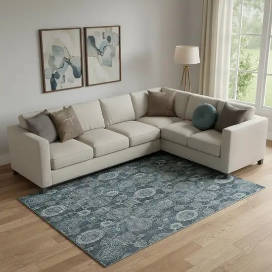 Teal And Gray Damask Washable Area Rug With UV Protection Photo 1