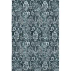 Photo of Teal And Gray Damask Washable Area Rug With UV Protection