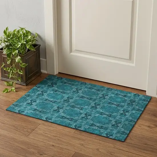 Teal And Gray Floral Medallion Washable Area Rug With UV Protection Photo 1