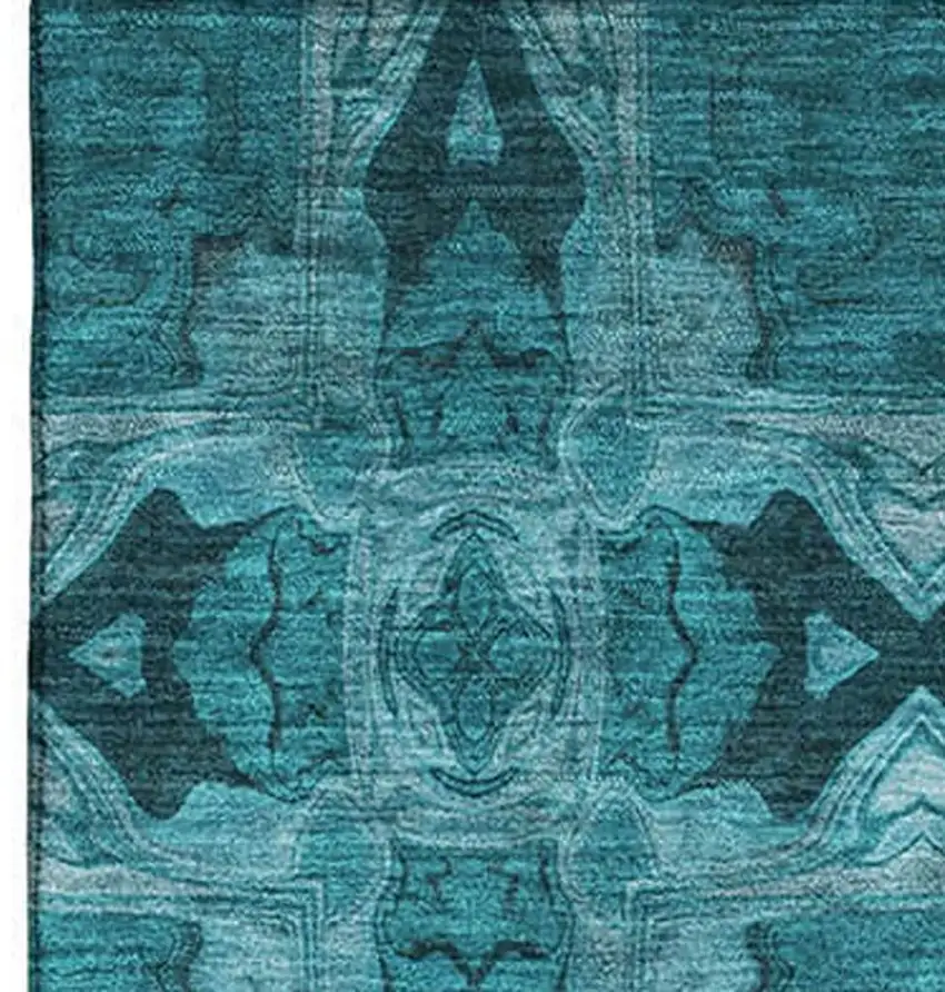 Teal And Gray Floral Medallion Washable Area Rug With UV Protection Photo 4