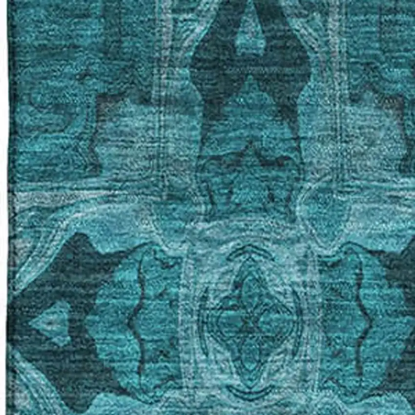 Teal And Gray Floral Medallion Washable Area Rug With UV Protection Photo 3