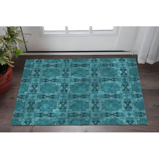 Teal And Gray Floral Medallion Washable Area Rug With UV Protection Photo 2