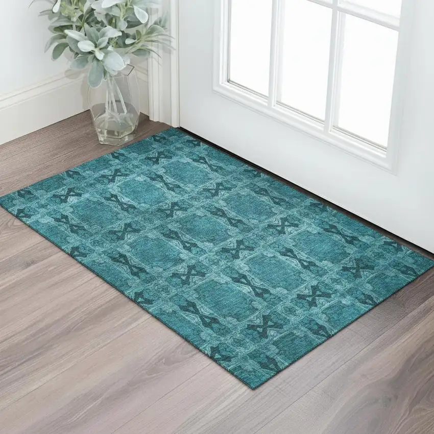 Teal And Gray Floral Medallion Washable Area Rug With UV Protection Photo 1