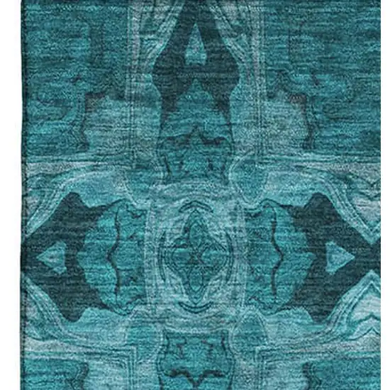 Teal And Gray Floral Medallion Washable Area Rug With UV Protection Photo 3