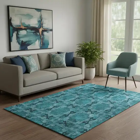 Teal And Gray Floral Medallion Washable Area Rug With UV Protection Photo 1