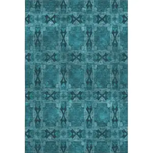 Photo of Teal And Gray Floral Medallion Washable Area Rug With UV Protection
