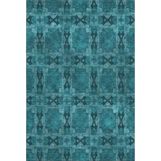 Teal And Gray Floral Medallion Washable Area Rug With UV Protection Photo 1